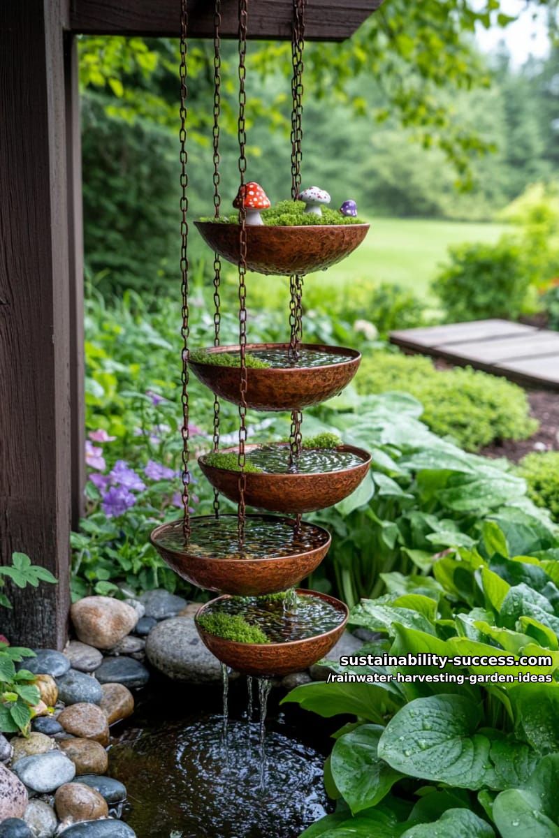 multi-tiered rain chain garden spilling into a lush fairy garden pond 1