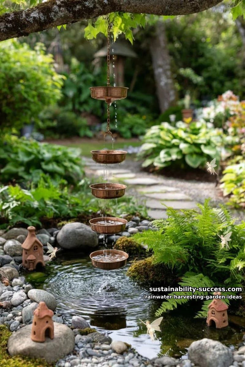 multi-tiered rain chain garden spilling into a lush fairy garden pond 1