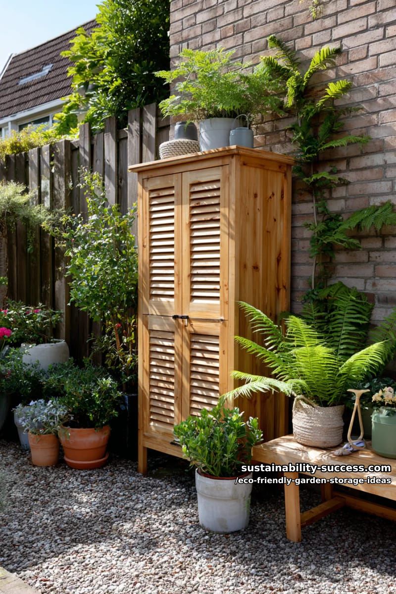narrow vertical storage cabinet with shutter doors for small garden corners 1