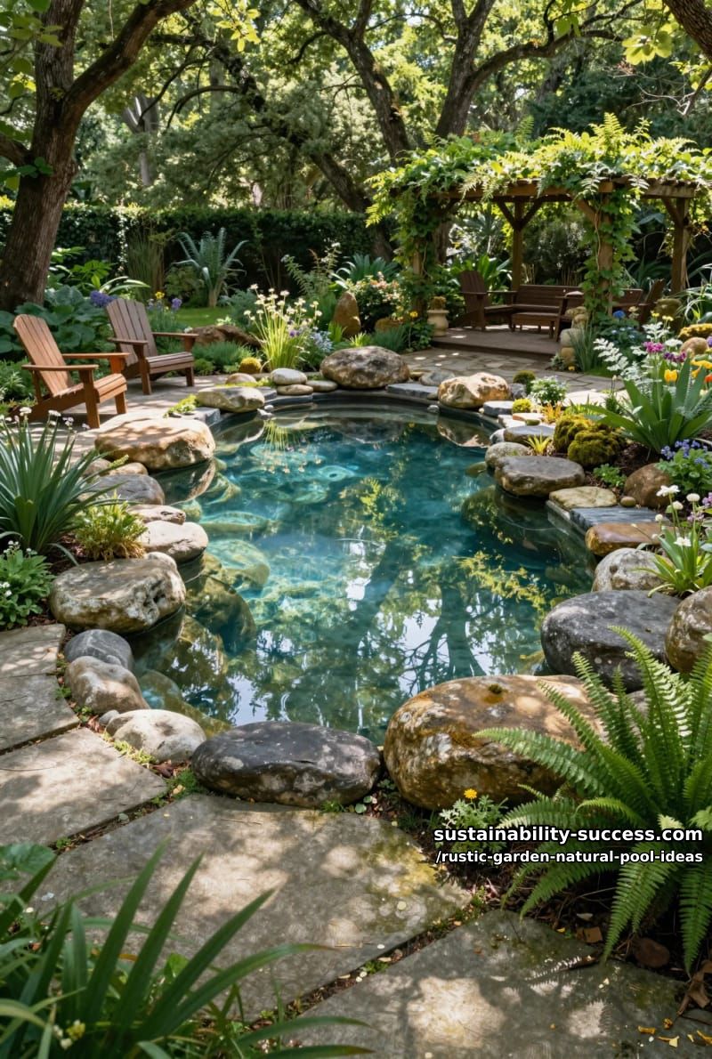 naturalistic pool edged with river rocks and surrounded by mature shade trees 1
