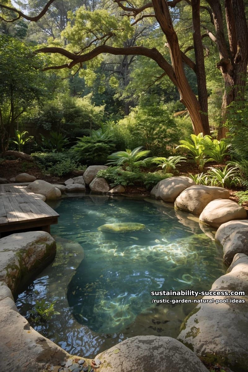 naturalistic pool edged with river rocks and surrounded by mature shade trees 1