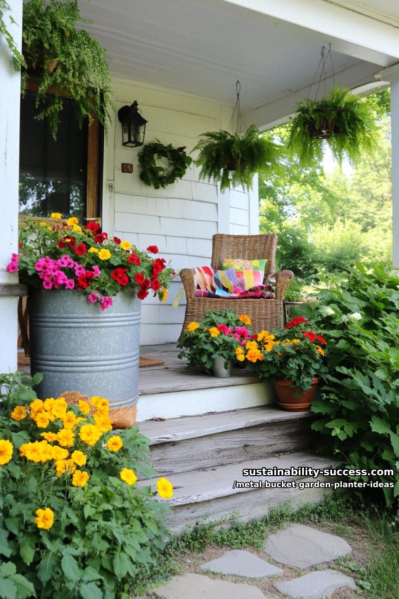 old laundry tub bursting with yellow and red marigolds at the porch entrance 1
