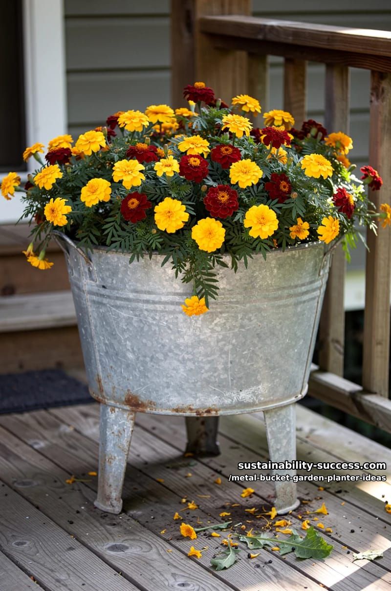 old laundry tub bursting with yellow and red marigolds at the porch entrance 1