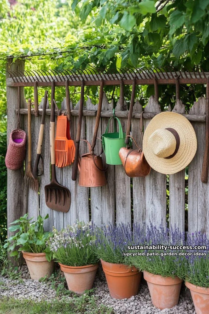 old rake heads mounted as quirky hooks for garden accessories 1