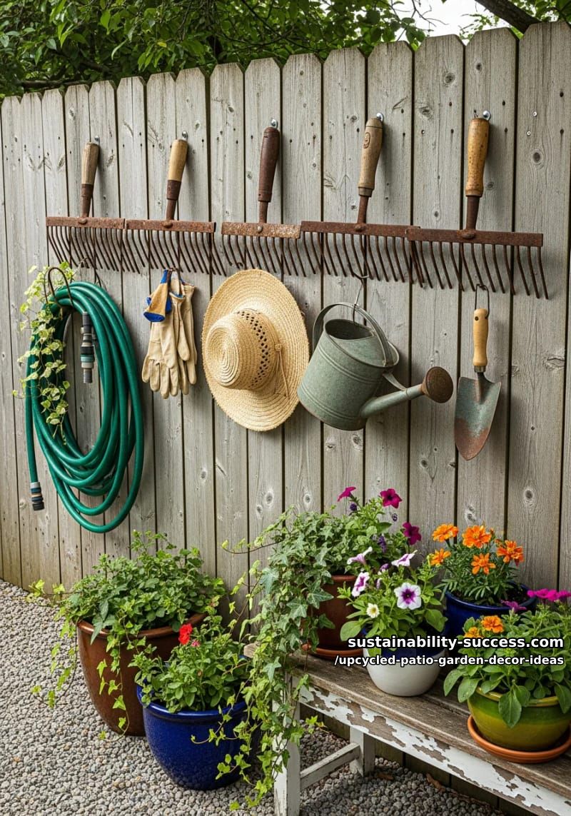 old rake heads mounted as quirky hooks for garden accessories 1