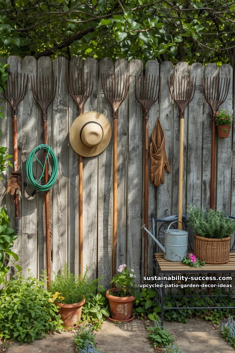 old rake heads mounted as quirky hooks for garden accessories 1