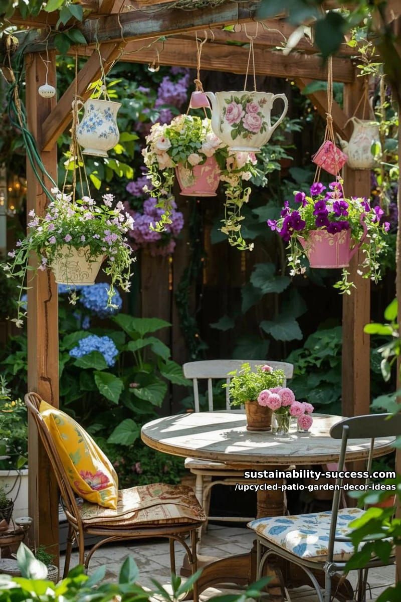 old teapots and mugs as charming hanging planters for small flowers 1