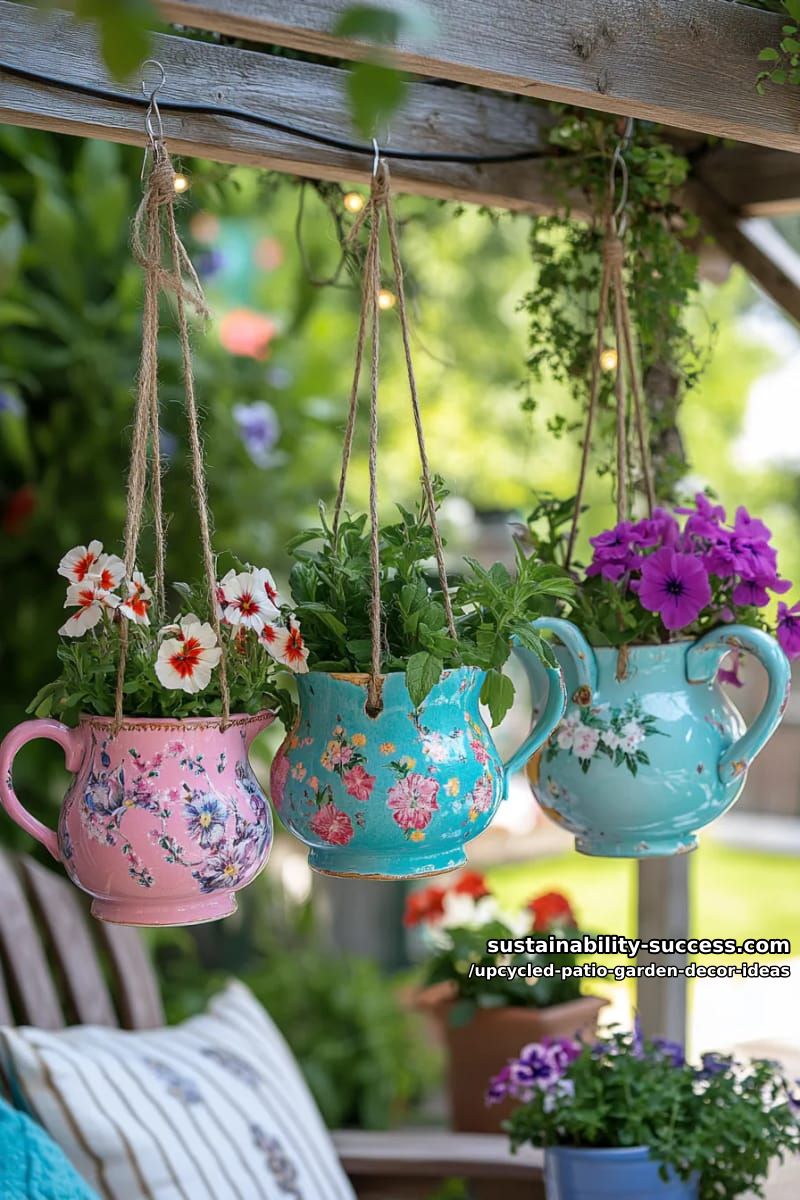old teapots and mugs as charming hanging planters for small flowers 1