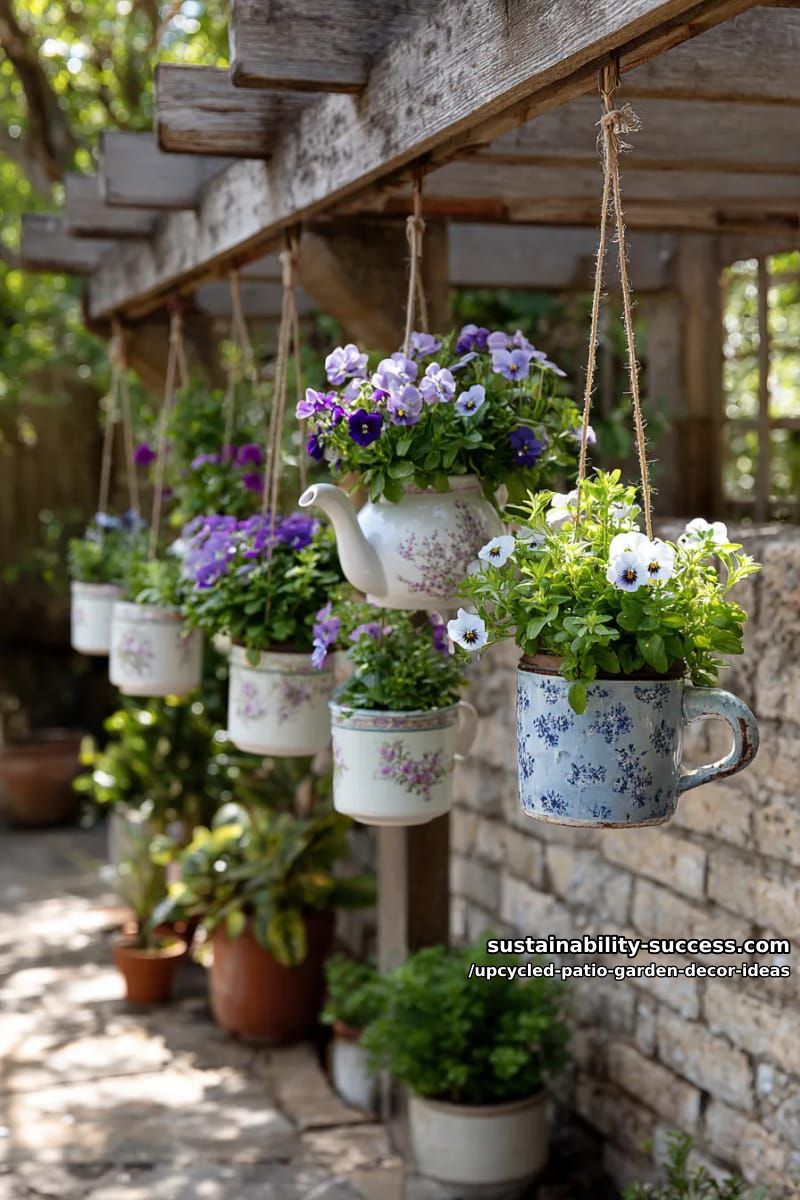 old teapots and mugs as charming hanging planters for small flowers 1