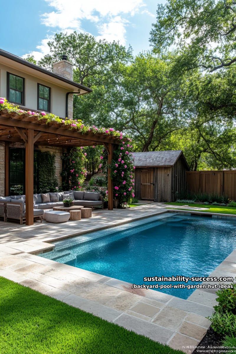 15 Dreamy Backyard Pool with Garden Hut Ideas to Inspire 19 open-air pavilion with timber beams, climbing roses, and a fire pit lounge. 1