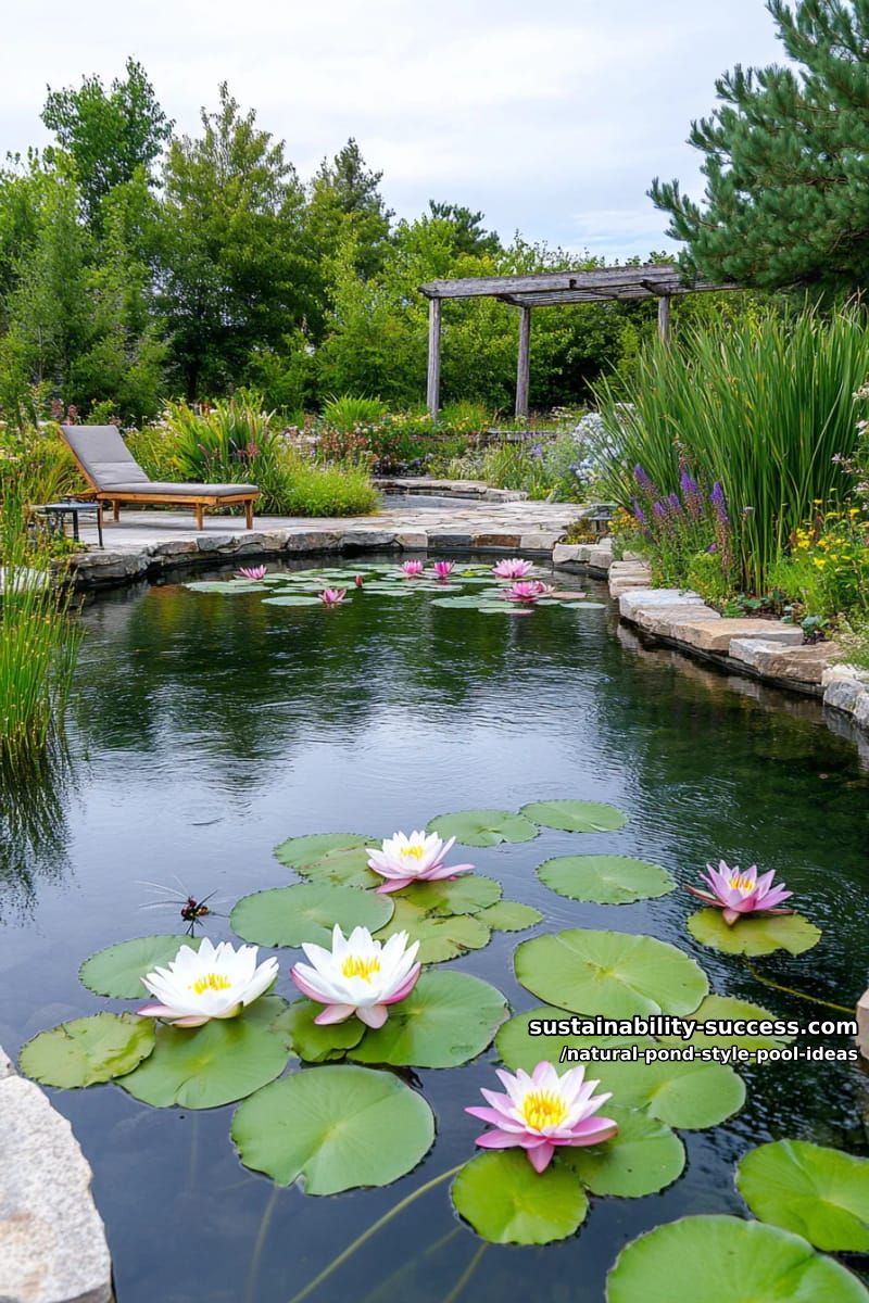 outdoor pond pool filled with water lilies, reeds, and dragonflies 1