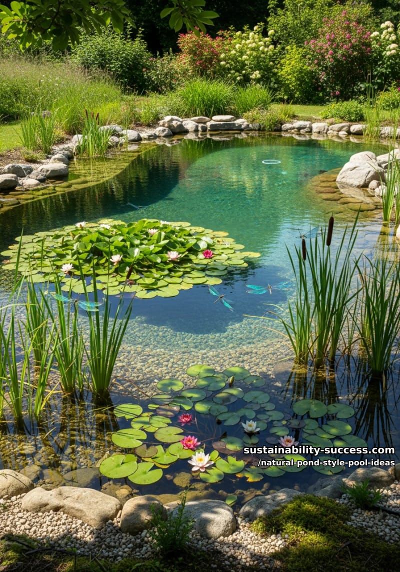 outdoor pond pool filled with water lilies, reeds, and dragonflies 1