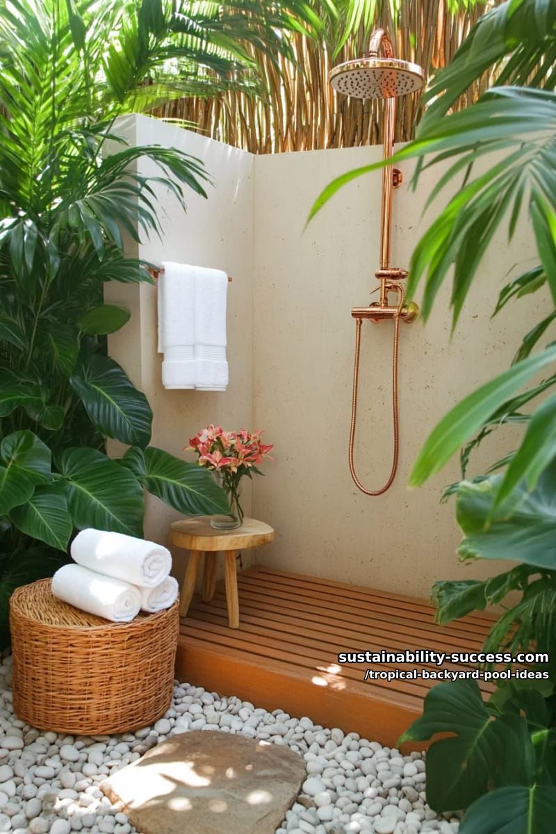 15 Tropical Backyard Pool Ideas to Elevate Your Outdoor Space 28 outdoor shower surrounded by philodendron and split-leaf palms 1