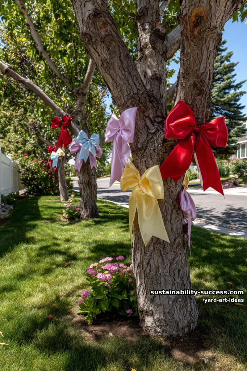 oversized bow-shaped ribbons wrapped around tree branches 1