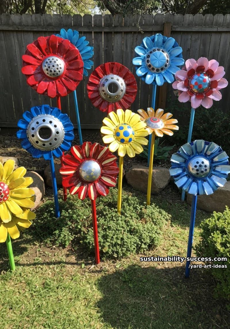 oversized flower blooms crafted from painted hubcaps 1