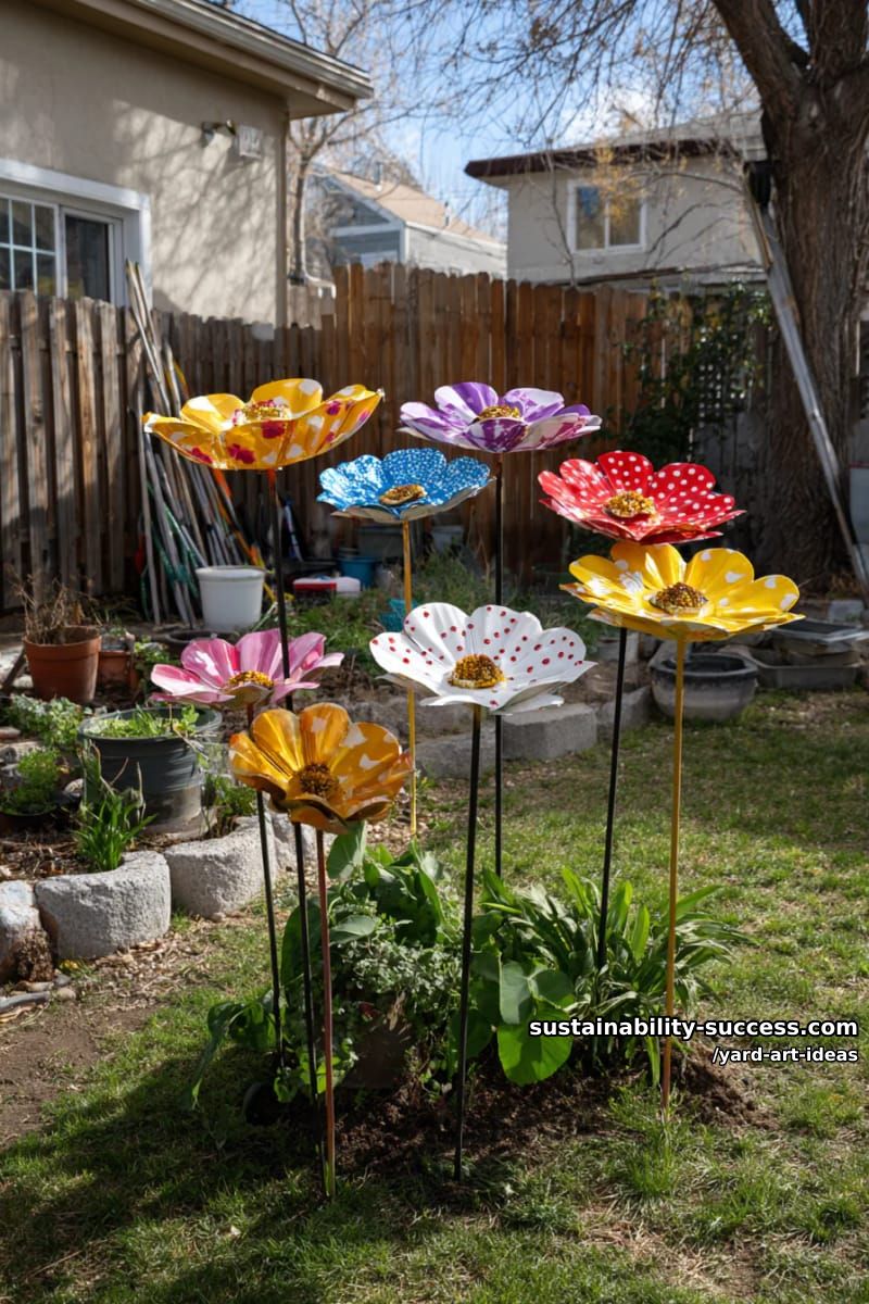 oversized flower blooms crafted from painted hubcaps 1
