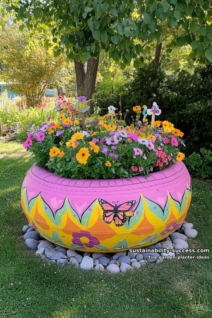 oversized flower-shaped tire planter for a playful garden centerpiece 16