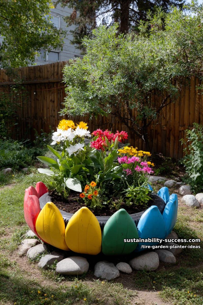 oversized flower-shaped tire planter for a playful garden centerpiece 1