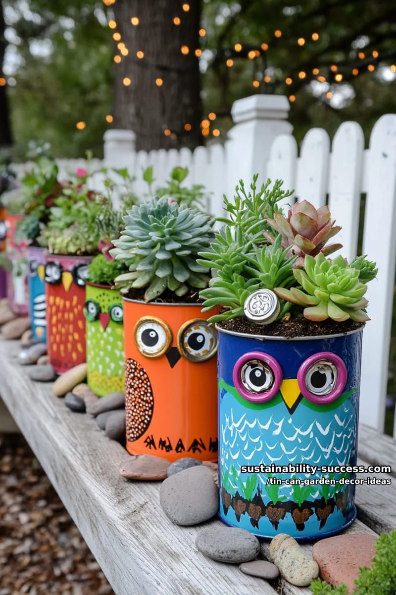 owl-faced tin can planters with googly eyes and bottle cap beaks 1