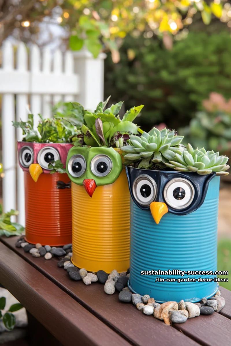 owl-faced tin can planters with googly eyes and bottle cap beaks 1