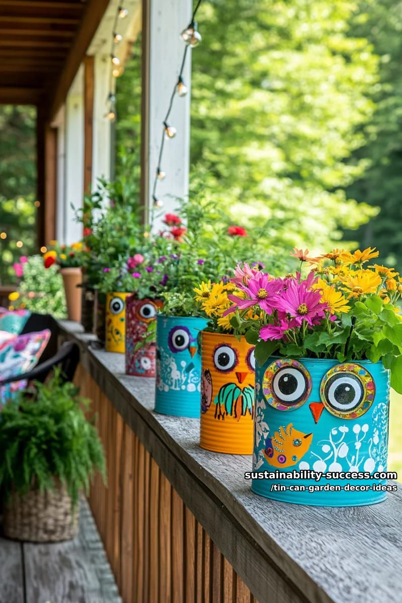 owl-faced tin can planters with googly eyes and bottle cap beaks 1
