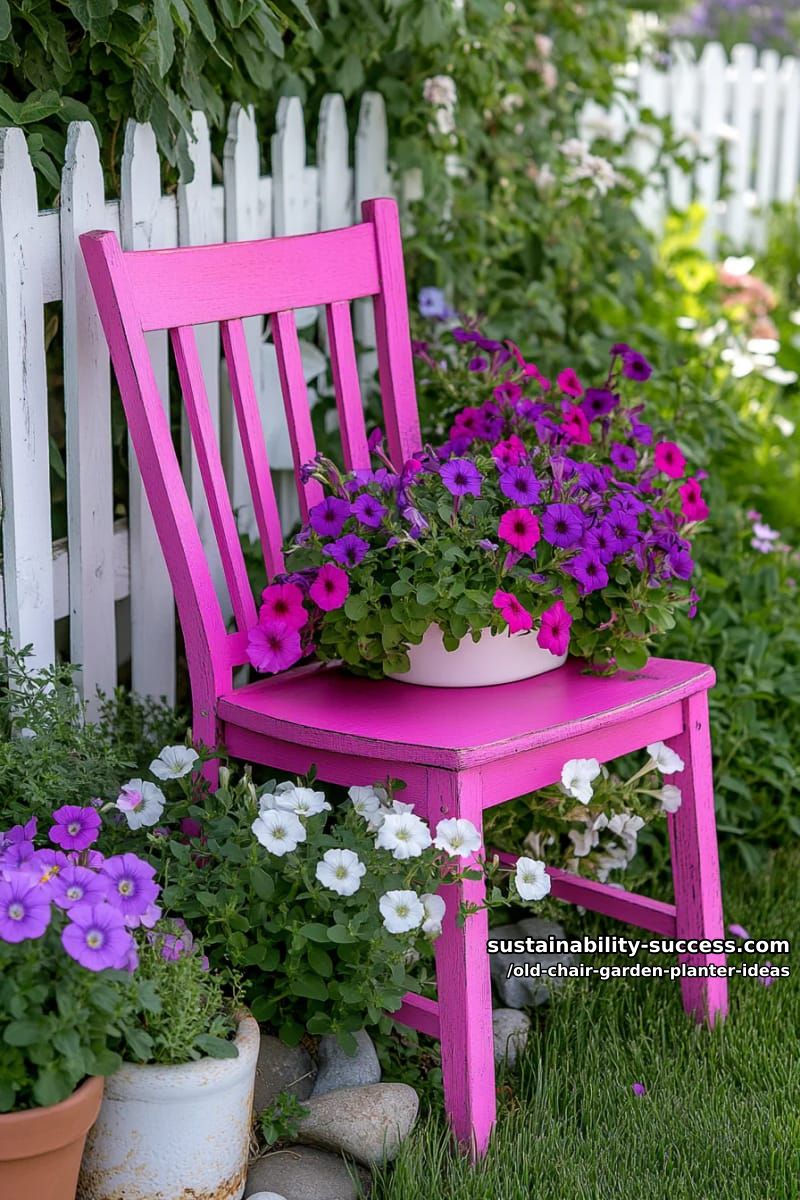 paint an old chair neon pink and fill with cascading petunias 1