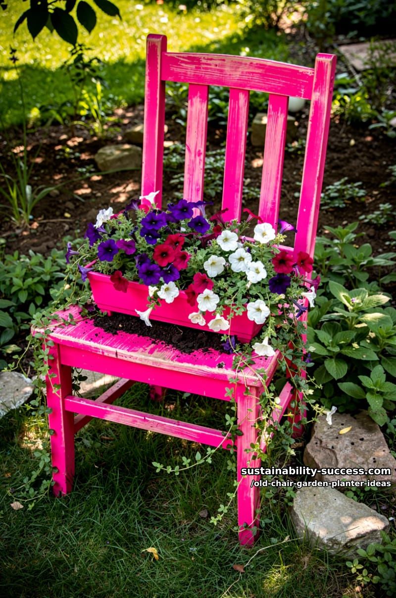 paint an old chair neon pink and fill with cascading petunias 1