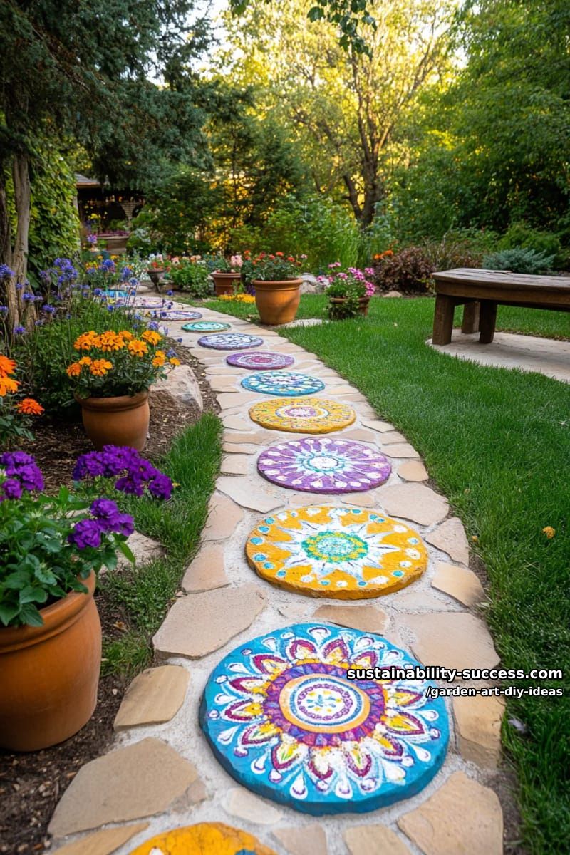 23 Creative Garden Art DIY Ideas for a Unique Outdoor Decor 45 paint flat stones as vibrant mandala stepping discs for walkways. 1
