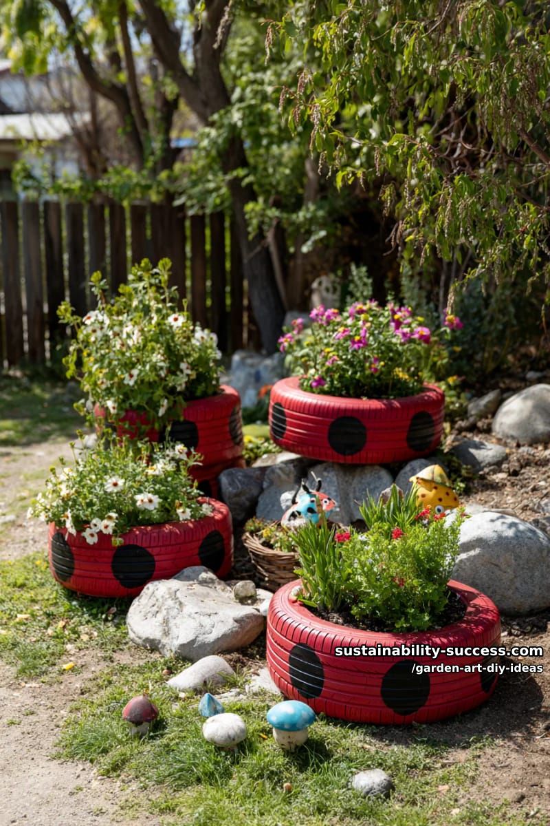 23 Creative Garden Art DIY Ideas for a Unique Outdoor Decor 4 paint old tires as whimsical ladybugs for colorful garden planters. 1