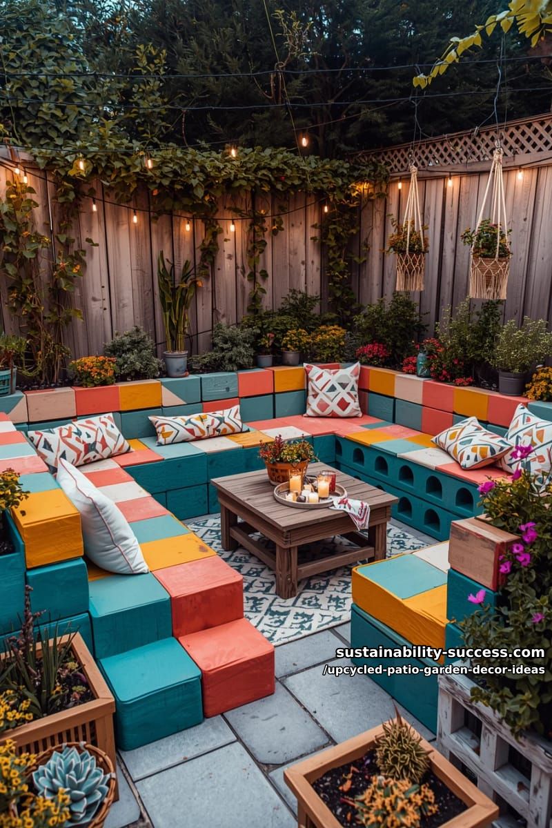 painted cinder blocks arranged into geometric garden patio seating 1