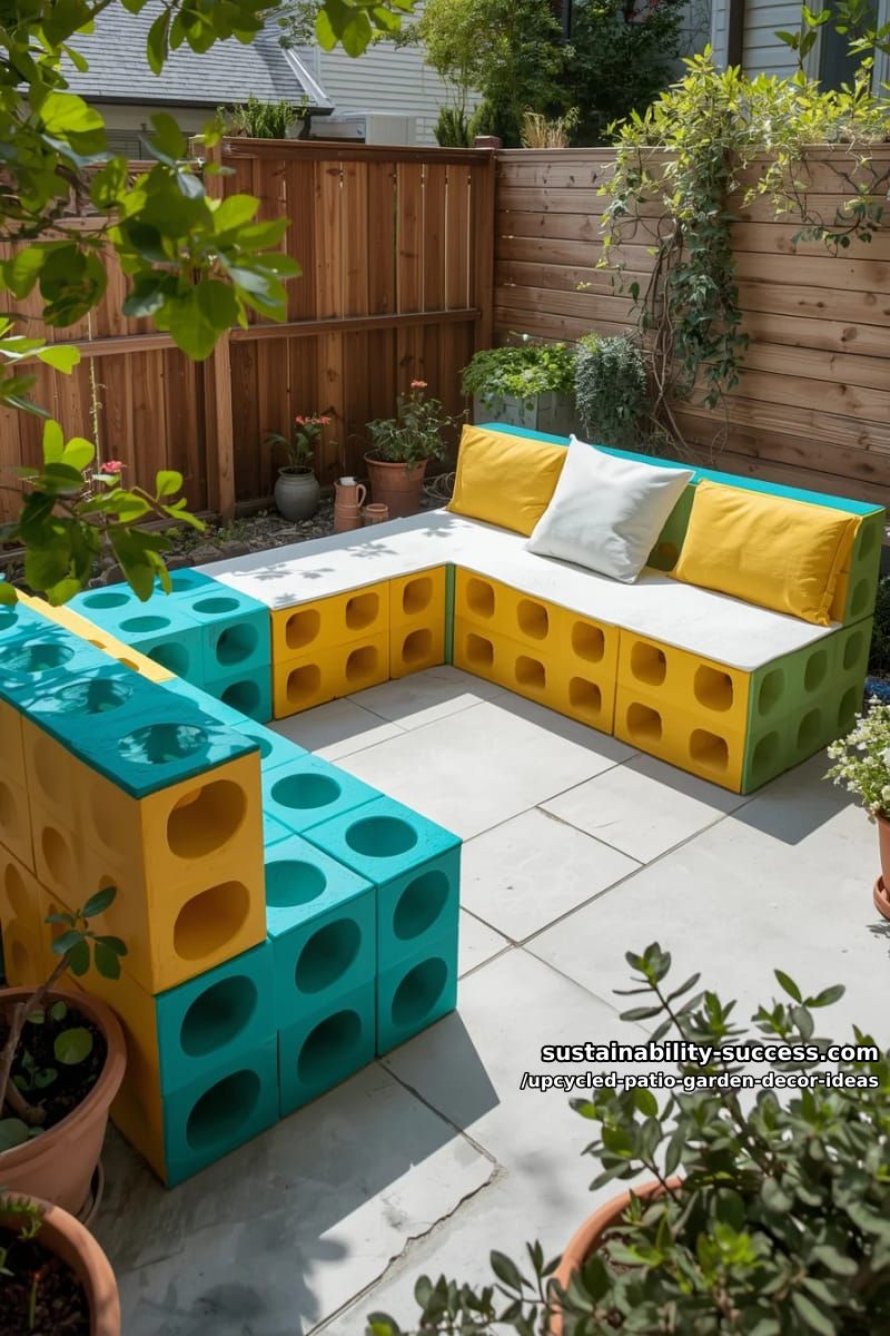 painted cinder blocks arranged into geometric garden patio seating 1