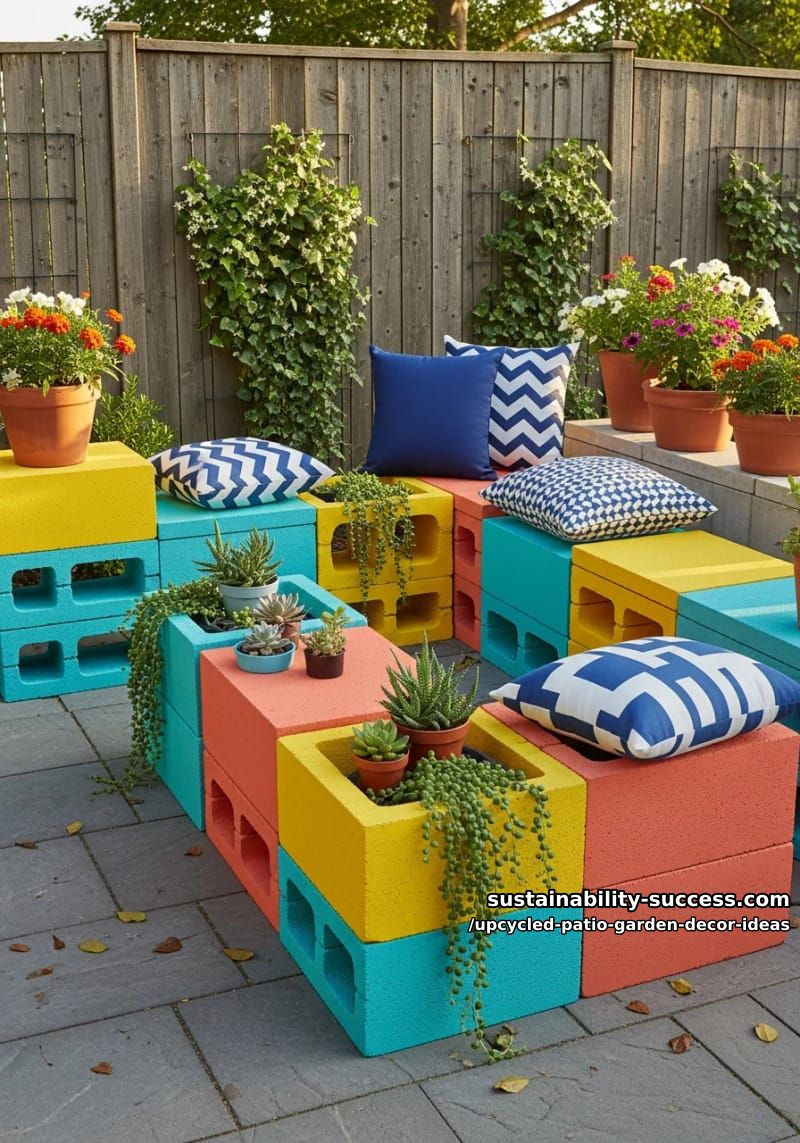 painted cinder blocks arranged into geometric garden patio seating 1
