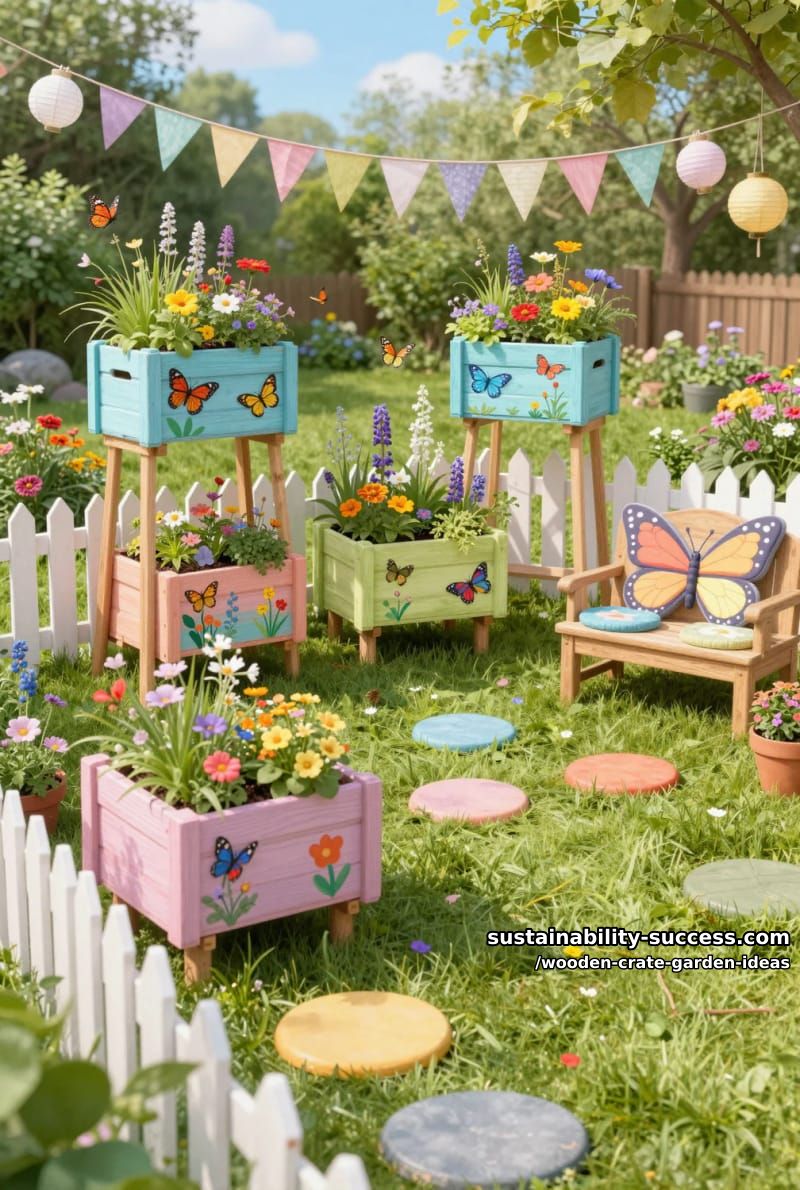 painted crates on legs as playful kid-friendly butterfly gardens 1