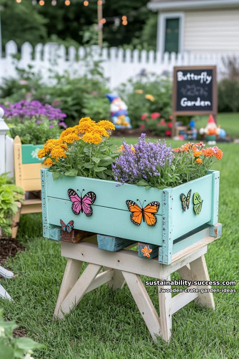 painted crates on legs as playful kid-friendly butterfly gardens 1
