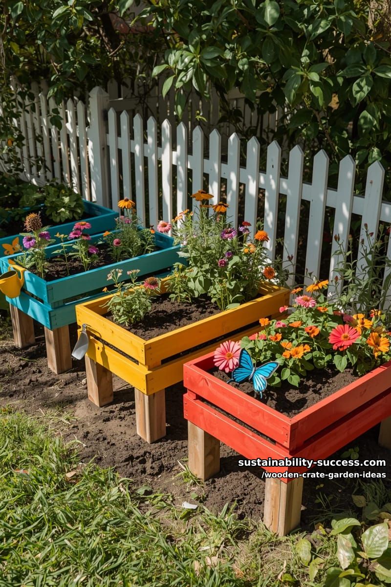 painted crates on legs as playful kid-friendly butterfly gardens 1