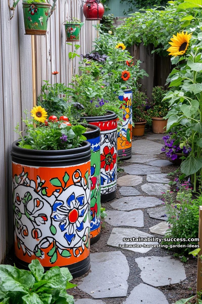 painted rain barrels as garden art beside vibrant veggie patches 1