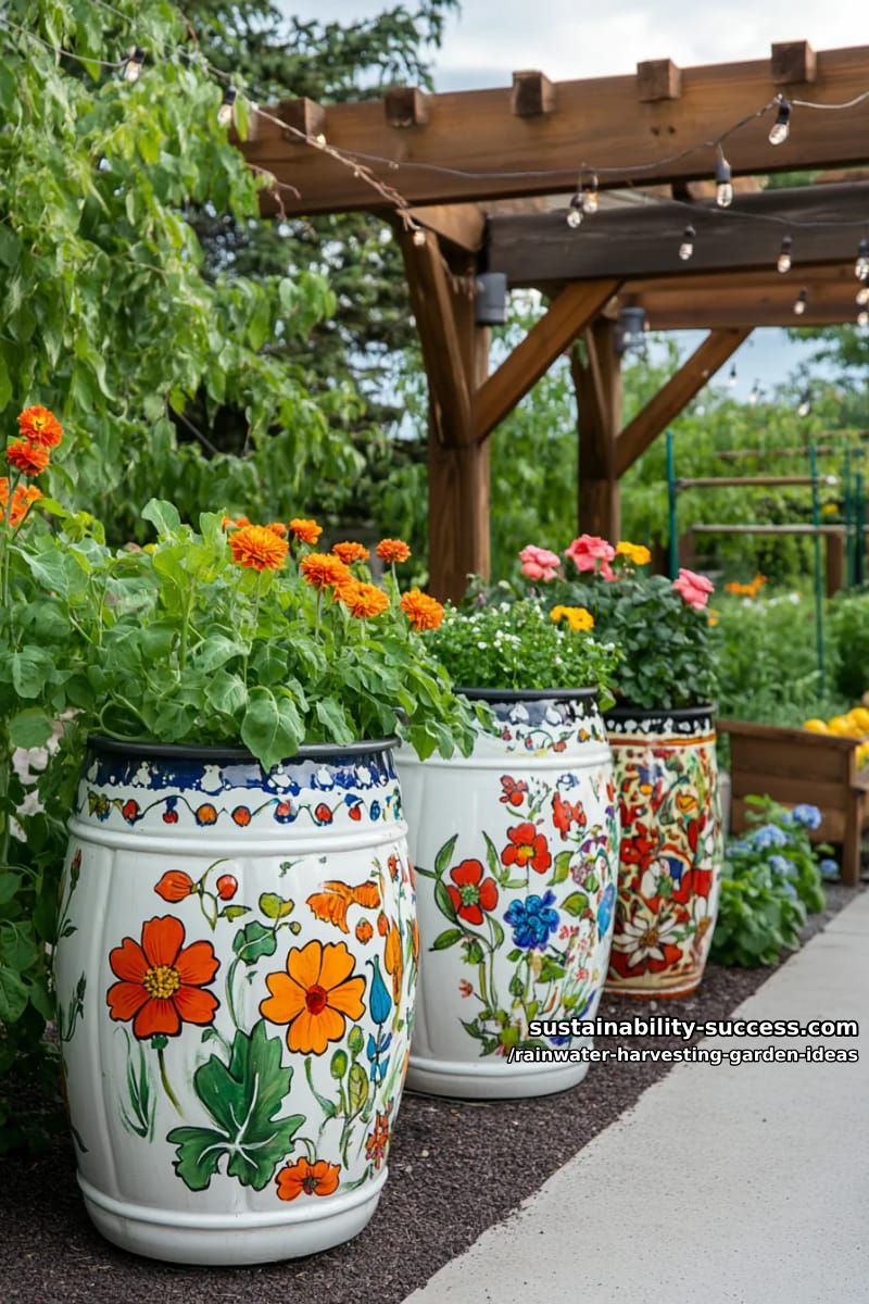 painted rain barrels as garden art beside vibrant veggie patches 1