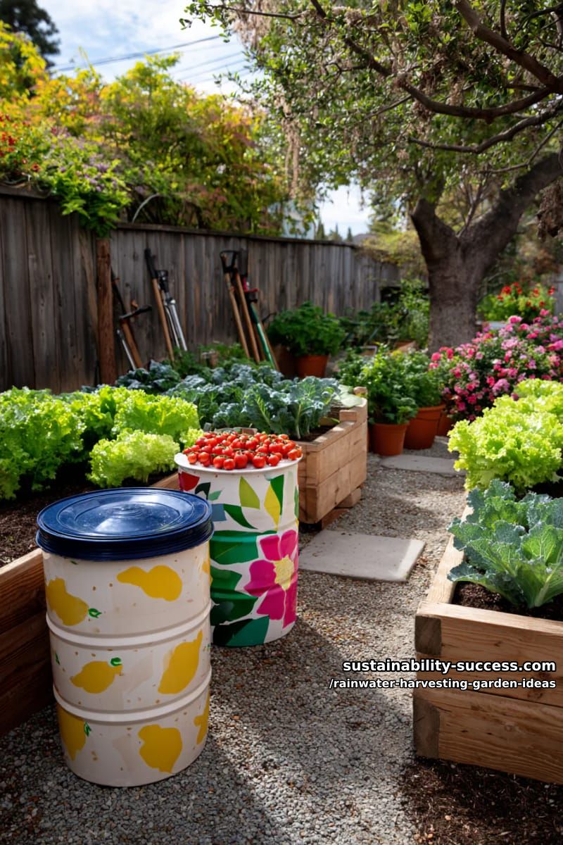 painted rain barrels as garden art beside vibrant veggie patches 1