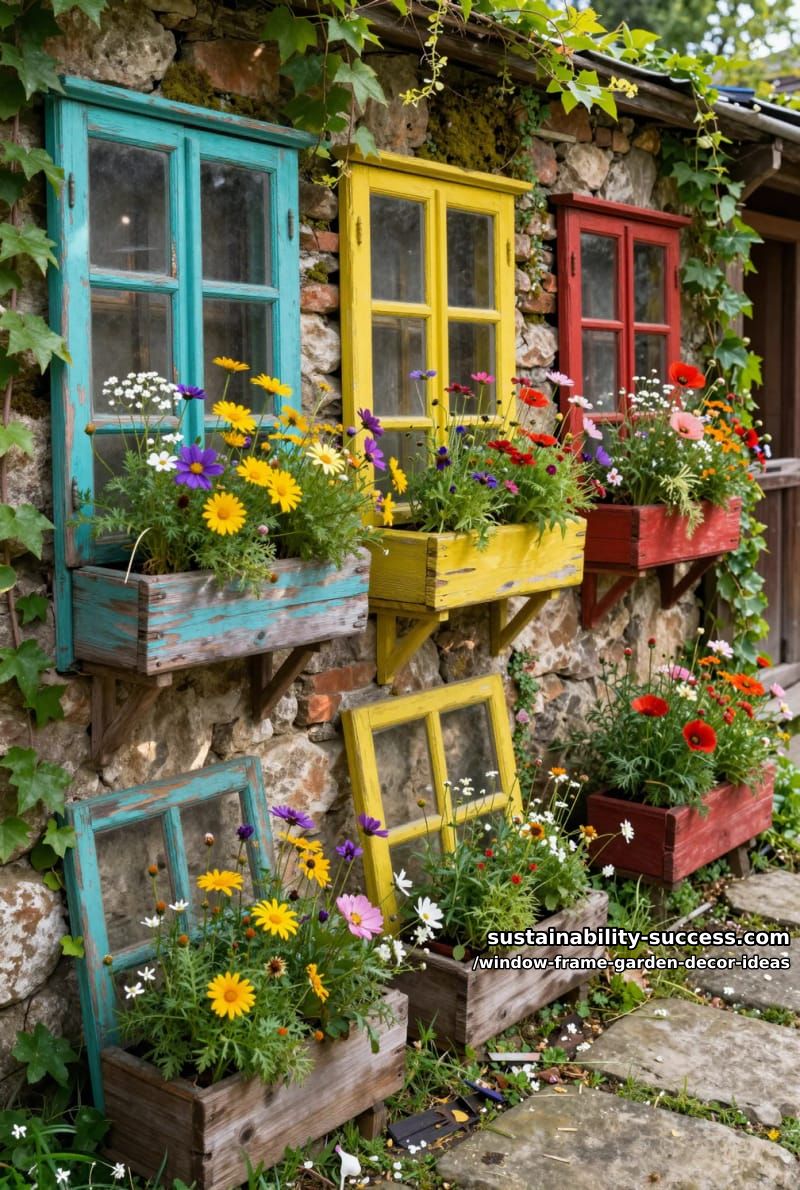 painted window frames adorned with vibrant window boxes filled with wildflowers 1