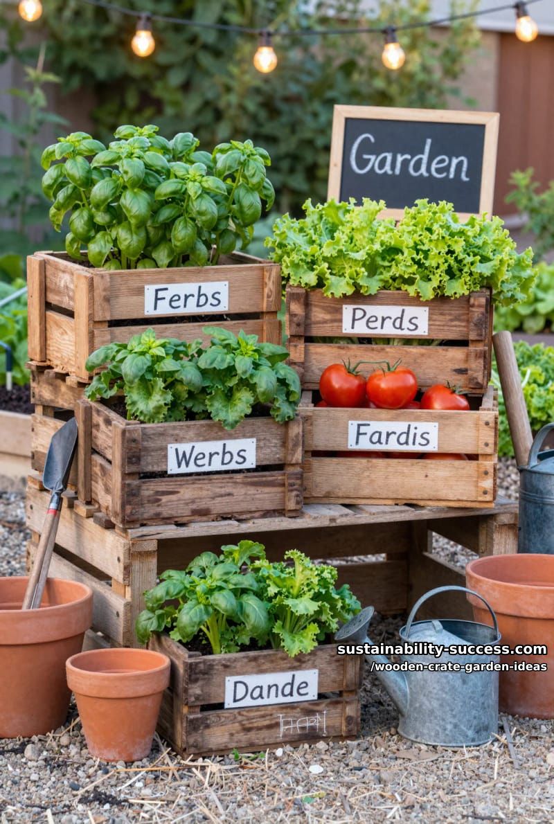 pallet and crate combo veggie patch with stenciled crate fronts 1