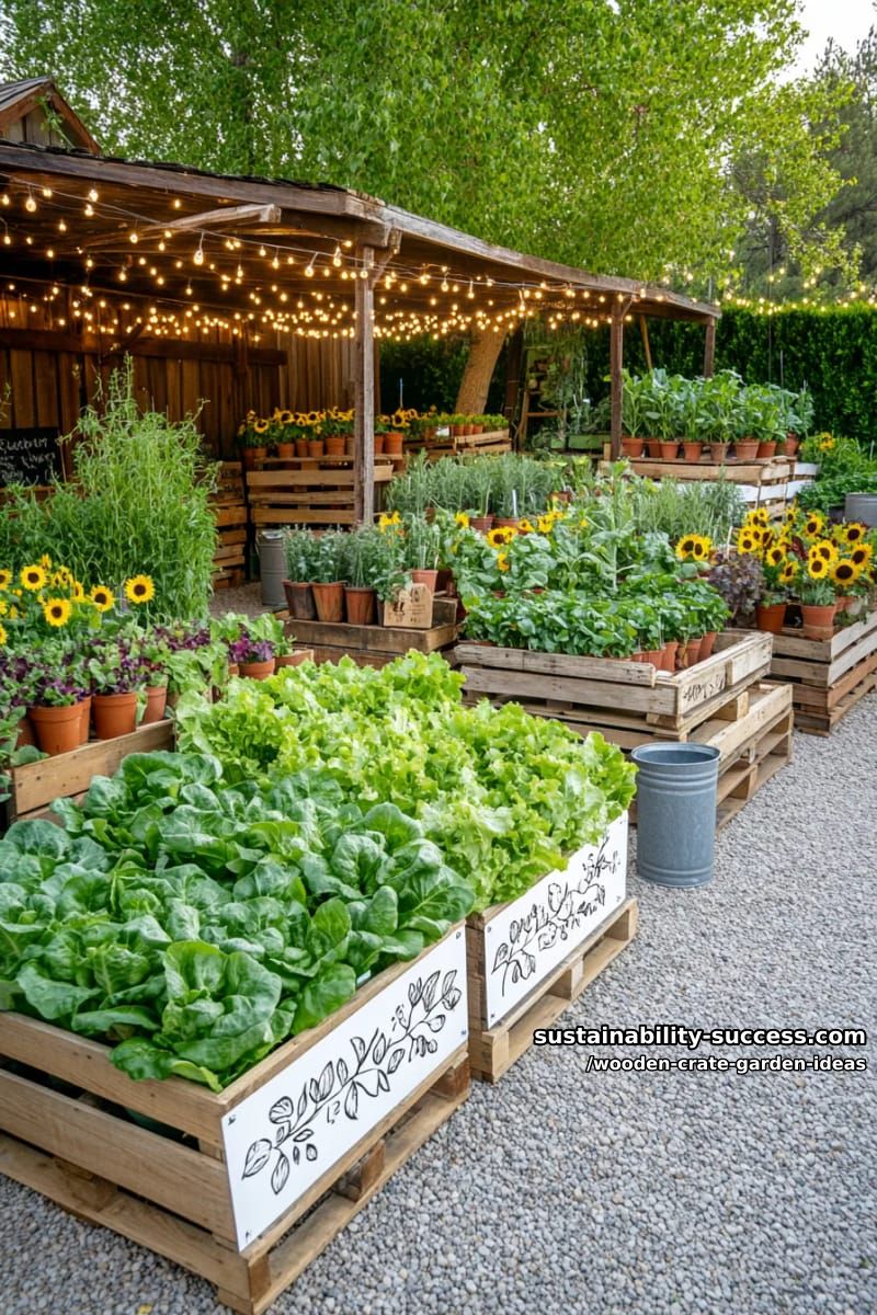 pallet and crate combo veggie patch with stenciled crate fronts 1