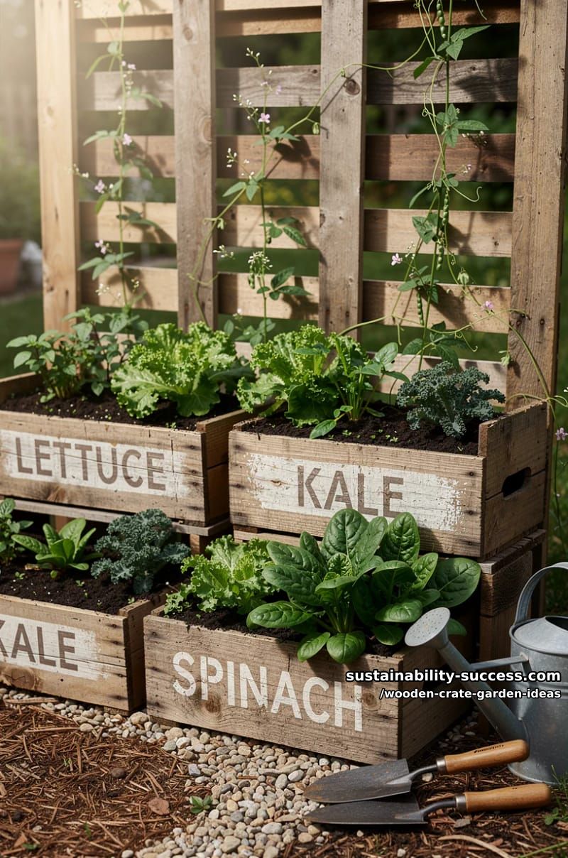 pallet and crate combo veggie patch with stenciled crate fronts 1