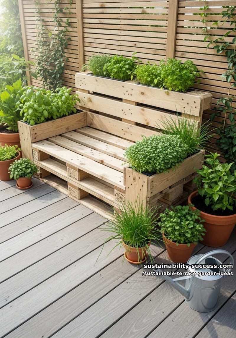 pallet bench with built-in herb and microgreen planters 1