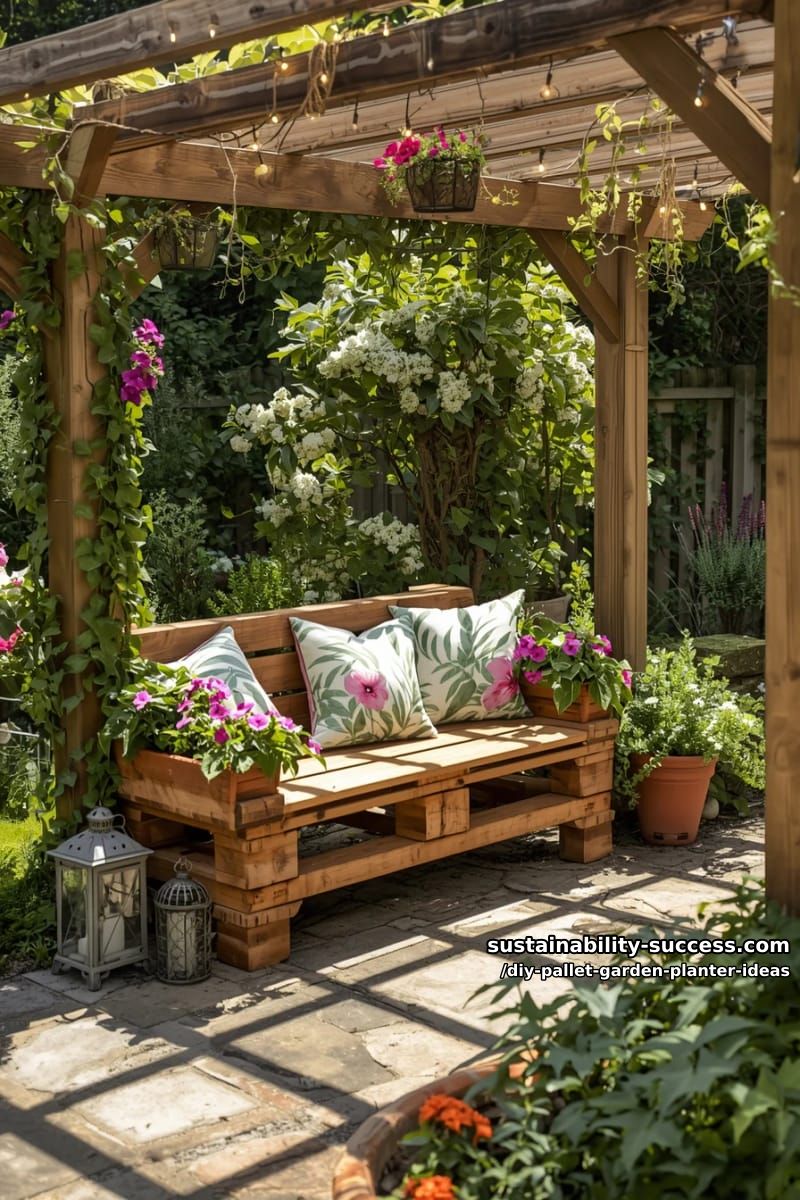 pallet garden bench with built-in side planter boxes for trailing vines 1