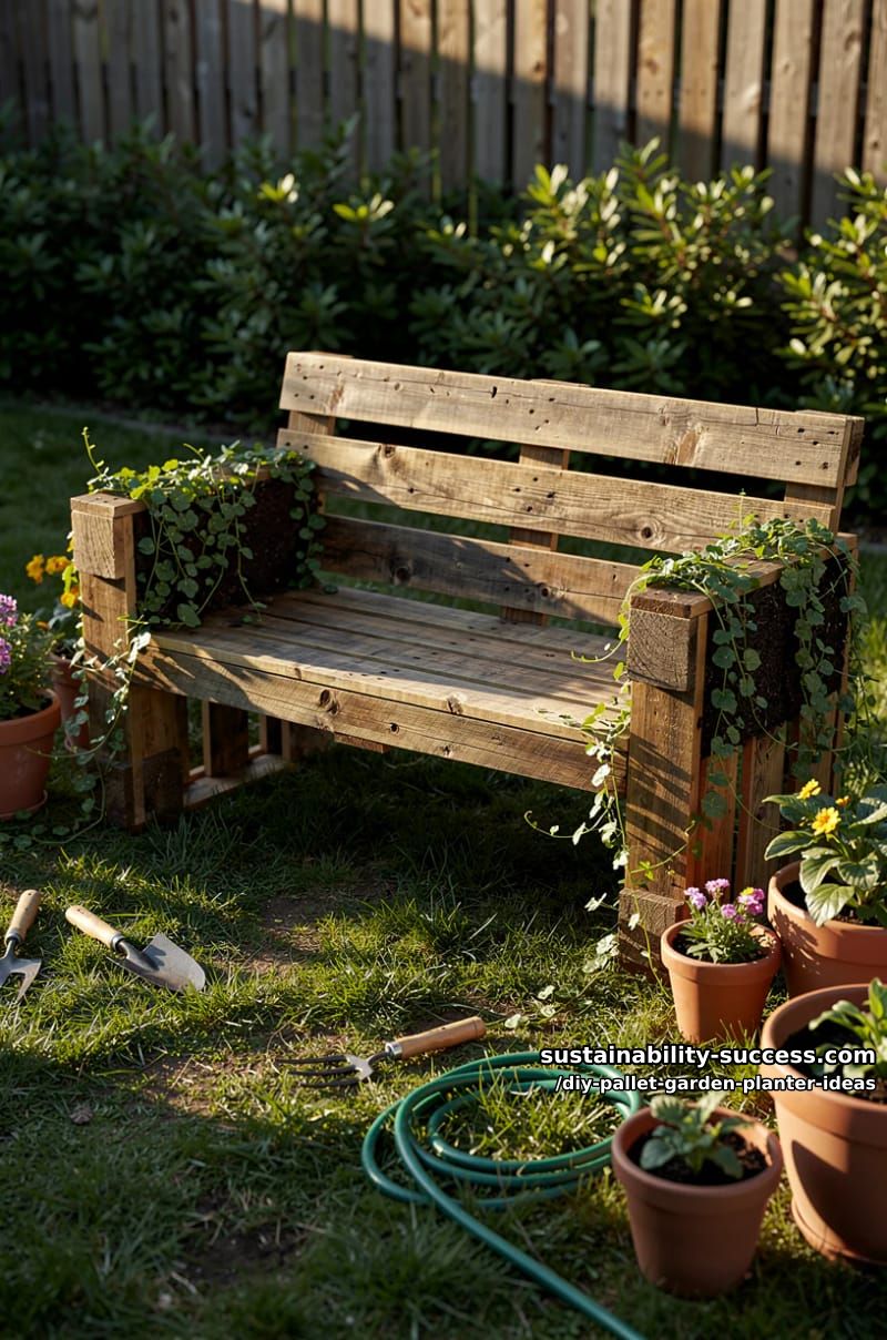 pallet garden bench with built-in side planter boxes for trailing vines 1