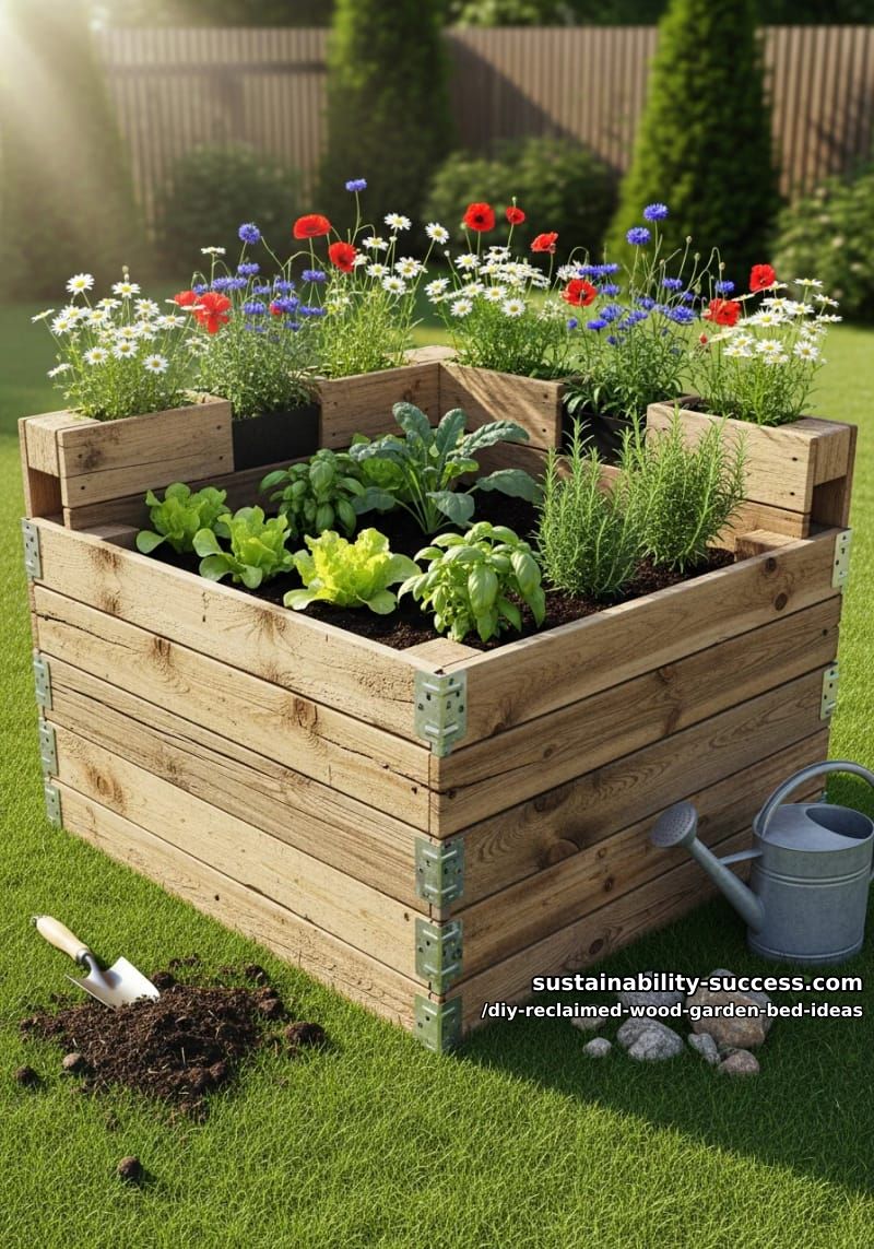 15 DIY Reclaimed Wood Garden Bed Ideas for Vibrant Backyards 34 pallet-raised bed with cutout sections for wildflower pockets 1