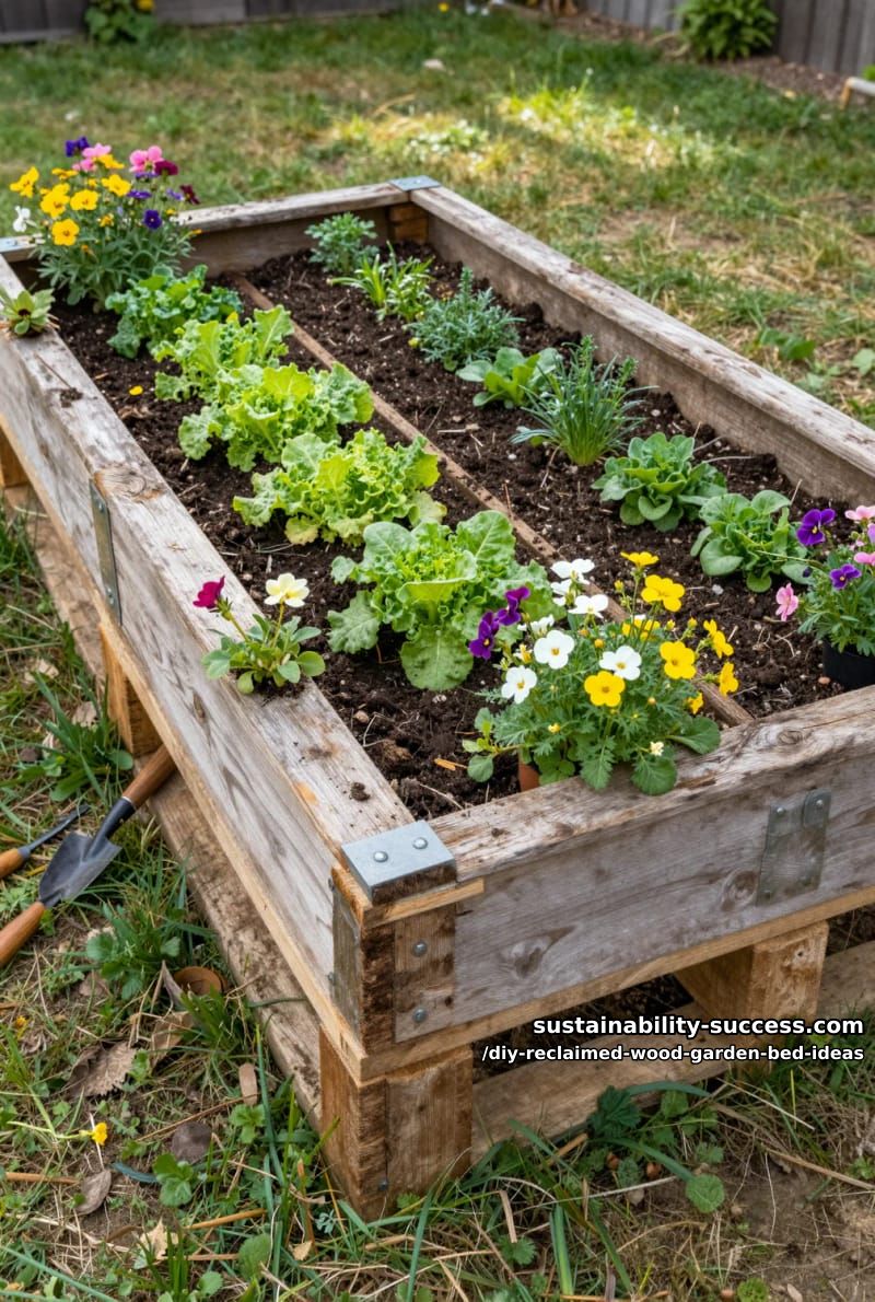 15 DIY Reclaimed Wood Garden Bed Ideas for Vibrant Backyards 35 pallet-raised bed with cutout sections for wildflower pockets 1