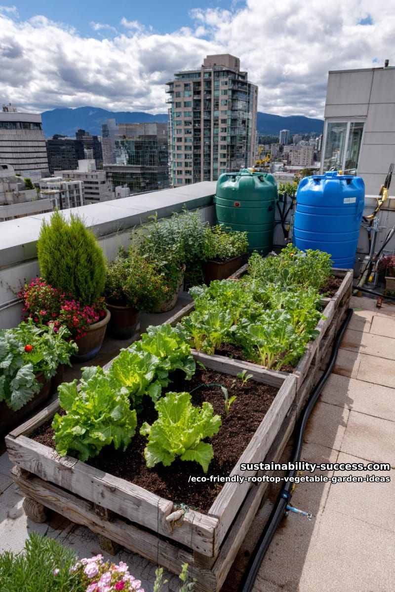 pallet-raised vegetable beds with drip irrigation using repurposed rainwater barrels 1