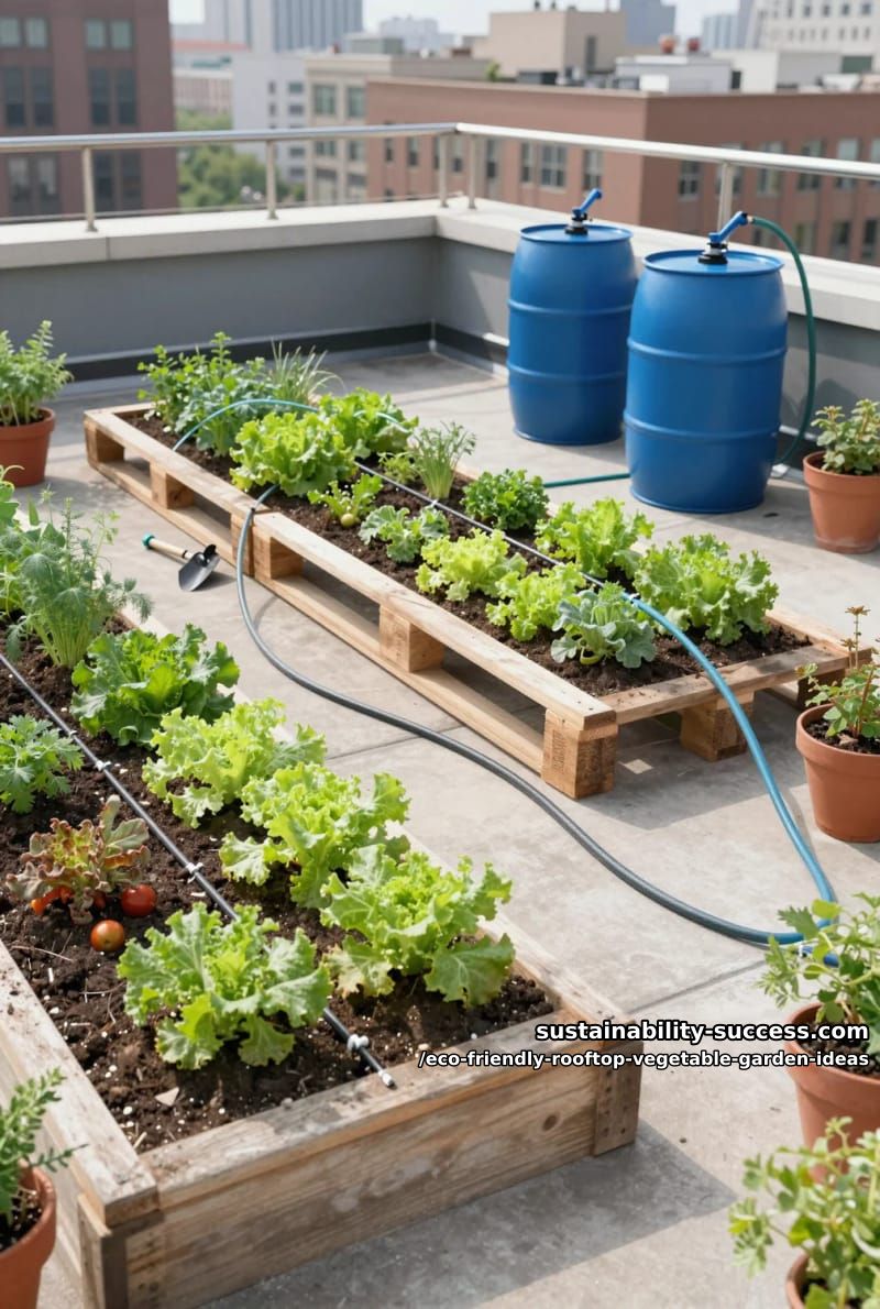 pallet-raised vegetable beds with drip irrigation using repurposed rainwater barrels 1