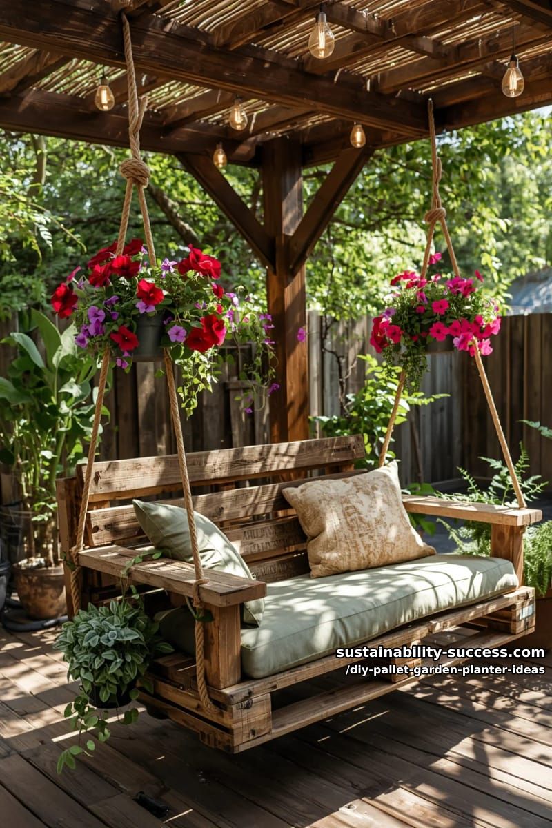 pallet swing seat with cascading hanging planters on the frame 1